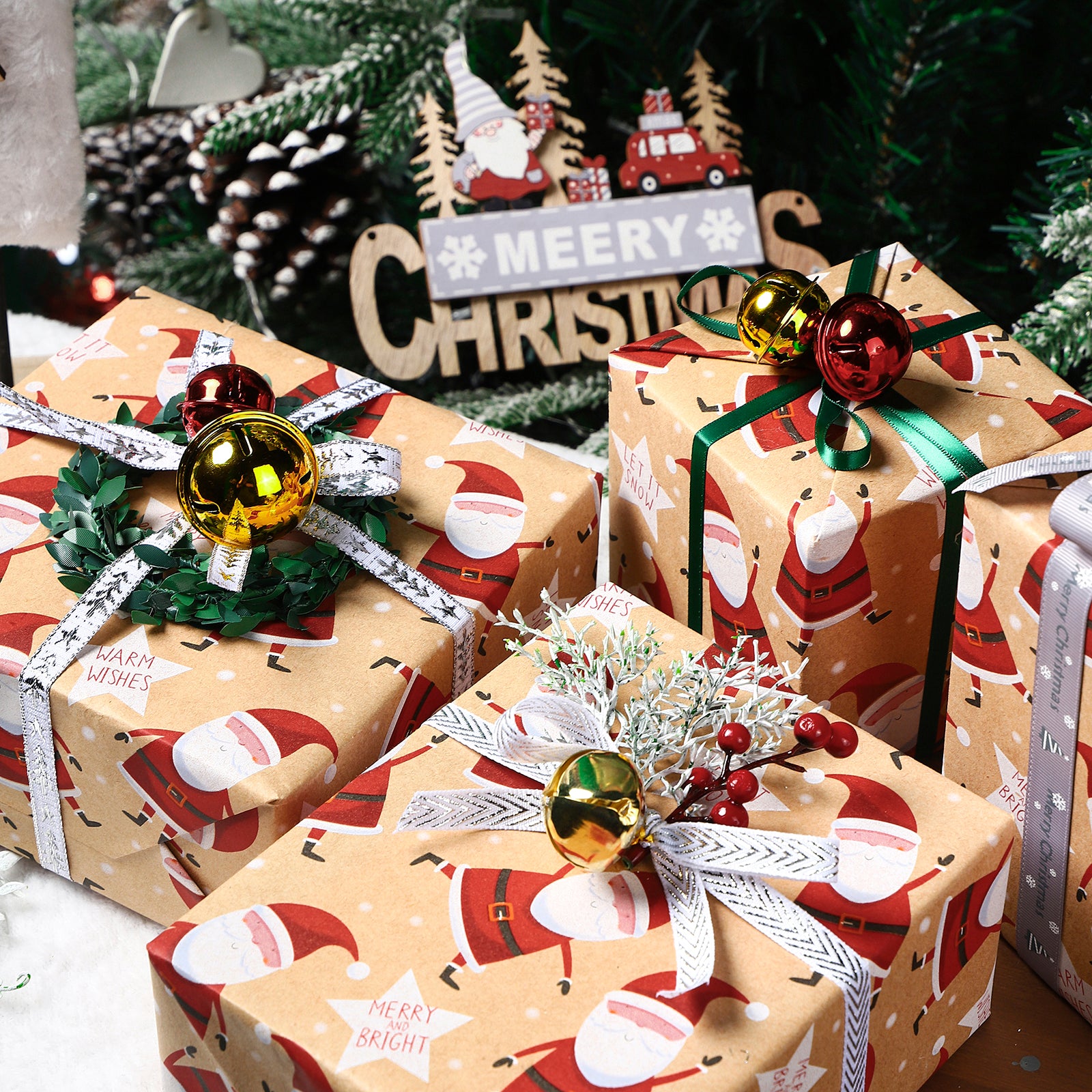 Merry & Bright Santa Christmas Kraft Wrapping Paper Roll RUSPEPA Wholesale Ream
