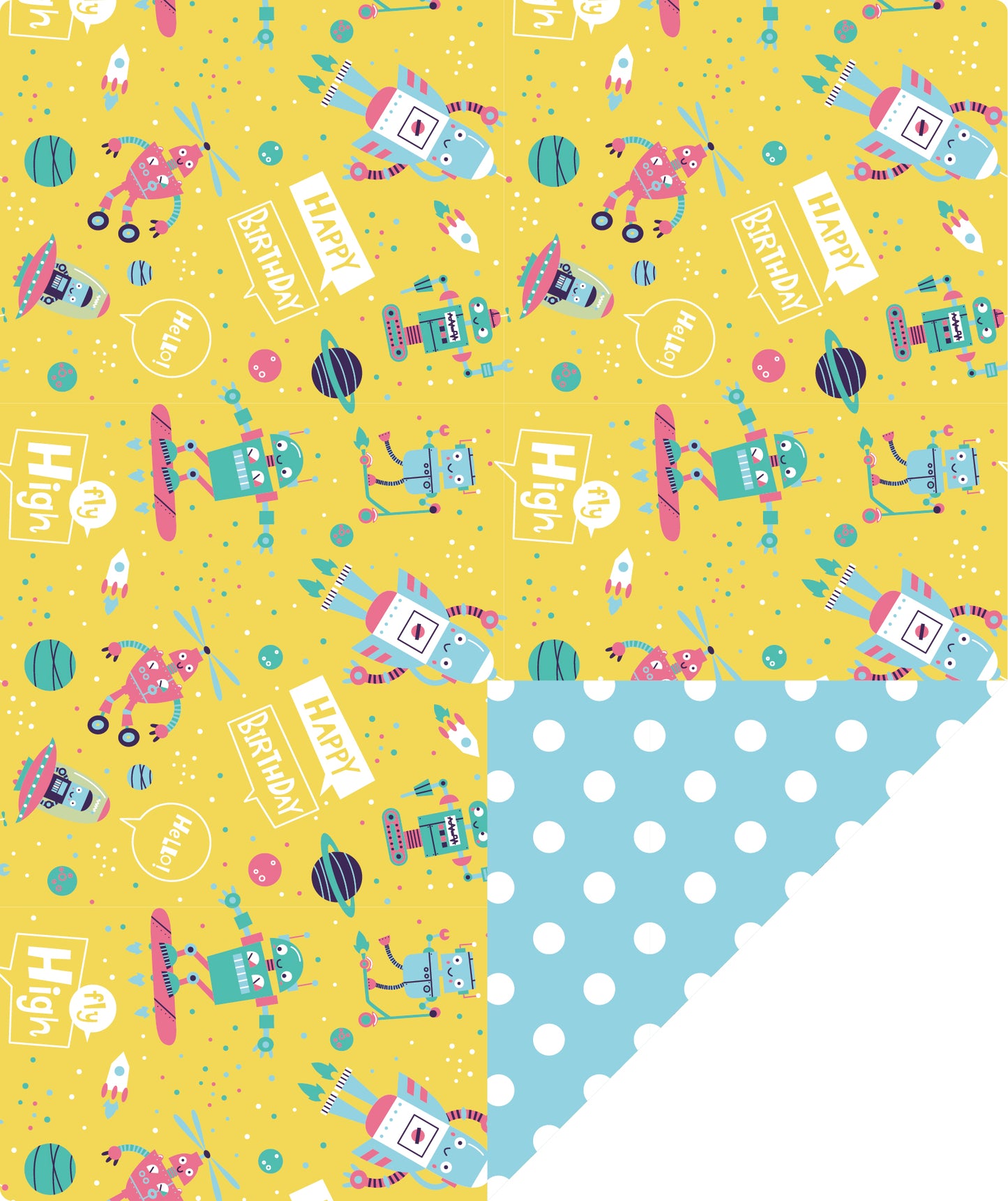 Rocket Bot Bright Yellow Birthday Wrapping with Blue Polka Dot Jumbo Roll Wholesale Wrapaholic