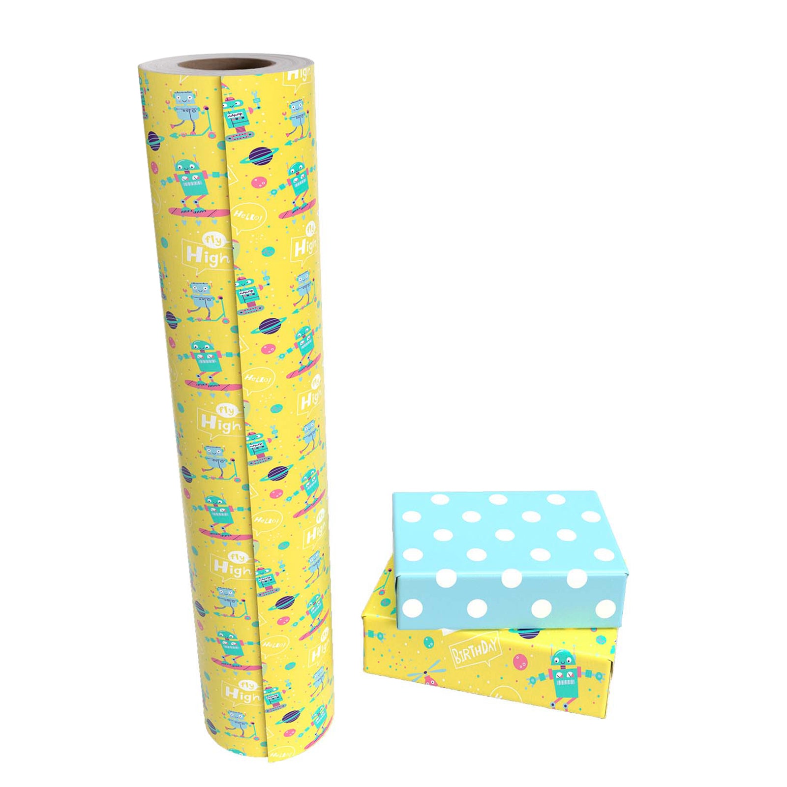 Rocket Bot Bright Yellow Birthday Wrapping with Blue Polka Dot Jumbo Roll Wholesale Wrapaholic