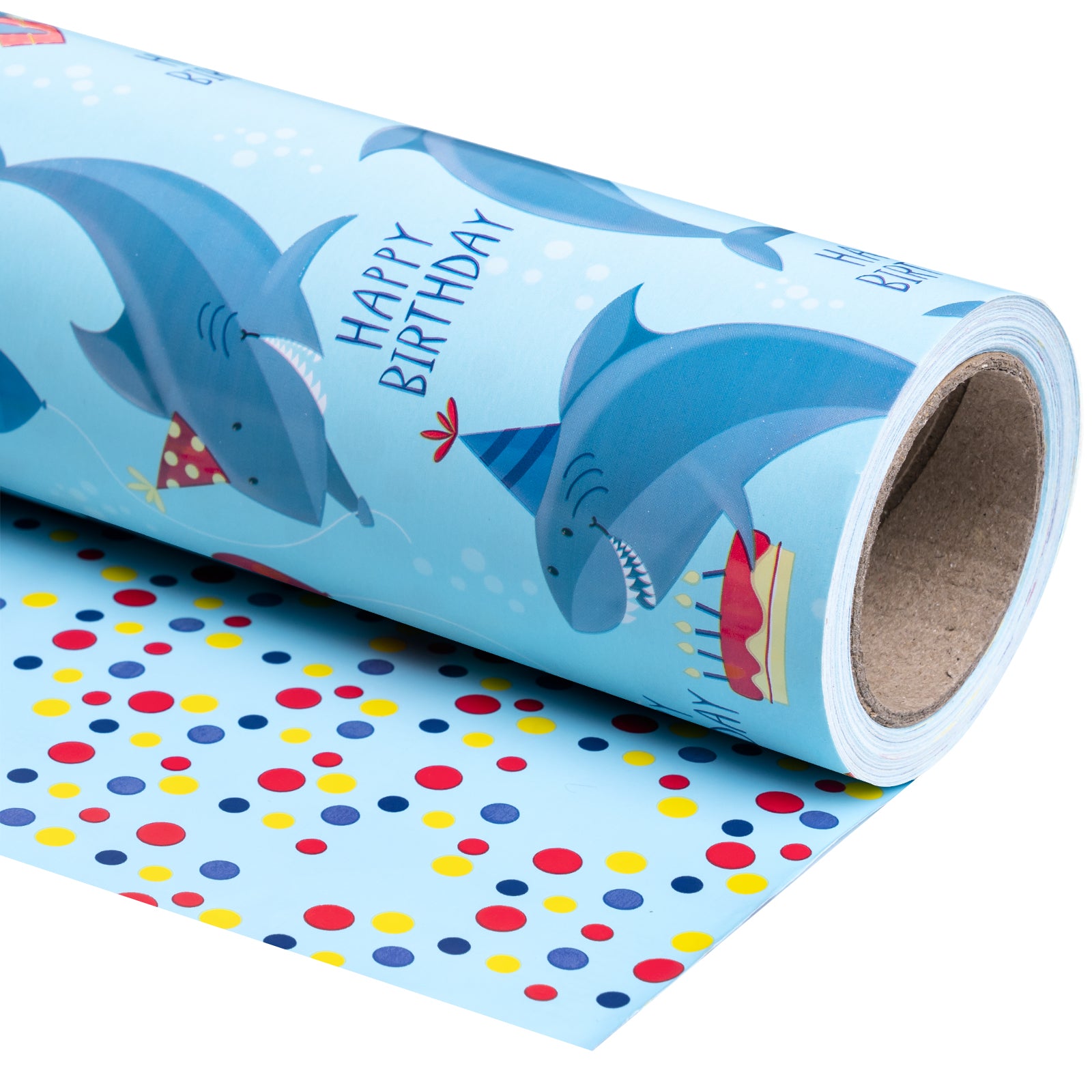 Shark Birthday Blue Wrapping Paper with Colorful Polka Dot Packing Paper Supply Wrapaholic