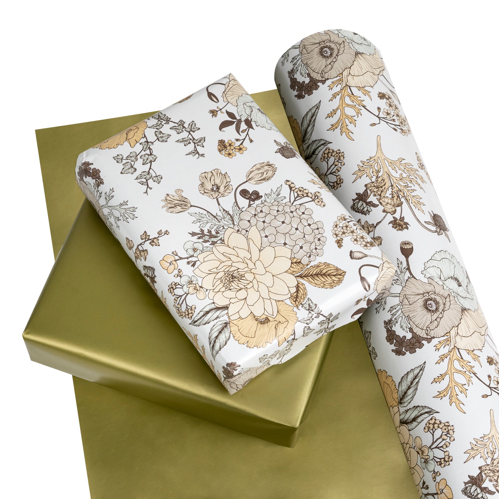 Sketch Floral Wrapping Paper Glossy White with Gold Color Jumbo Roll Wholesale