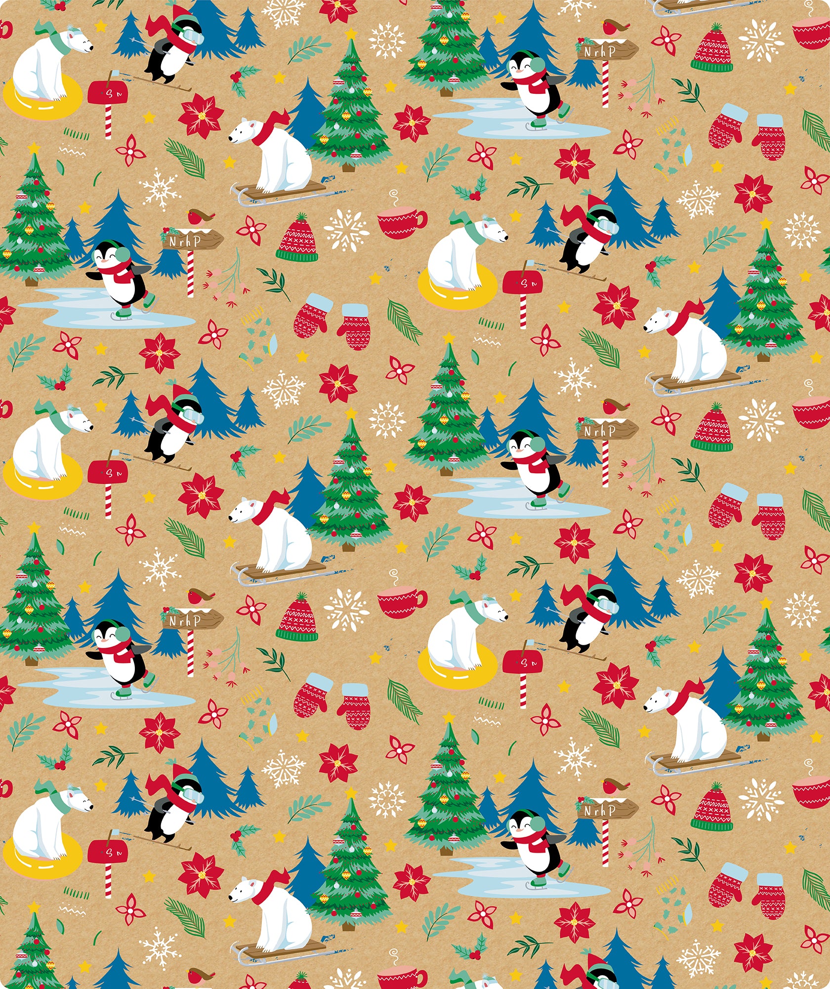Skiing Polar Bear & Penguin Christmas Kraft Wrapping Paper Roll RUSPEPA Wholesale Ream