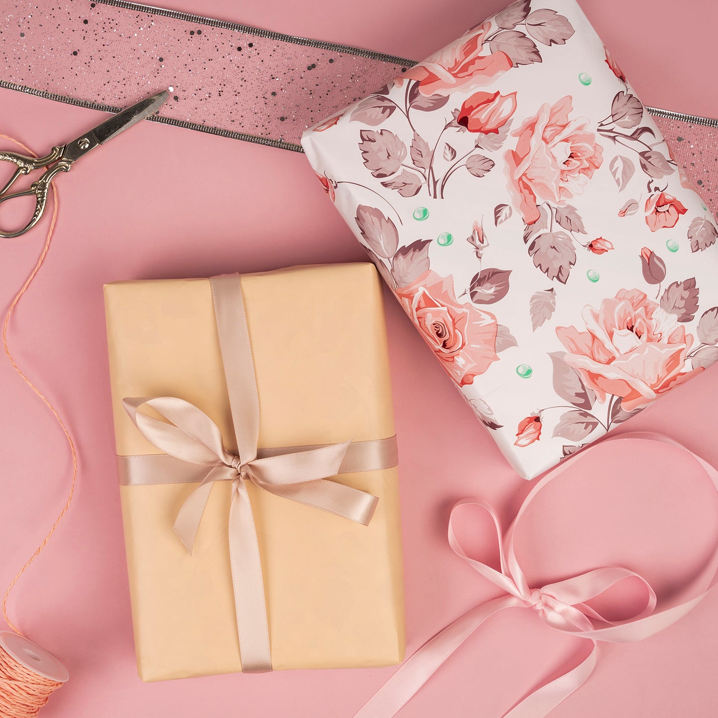 Watercolor Pink Rose Wrapping Paper with Peach Color on Reverse