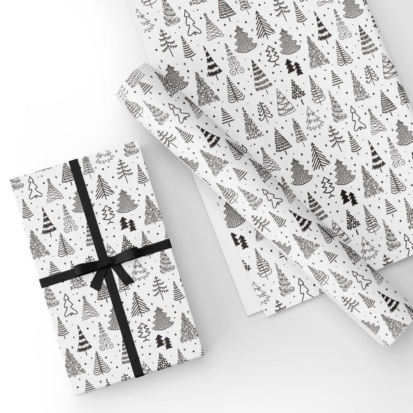 Pine Tree Black White Flat Wrapping Paper Sheet Wholesale Wraphaholic