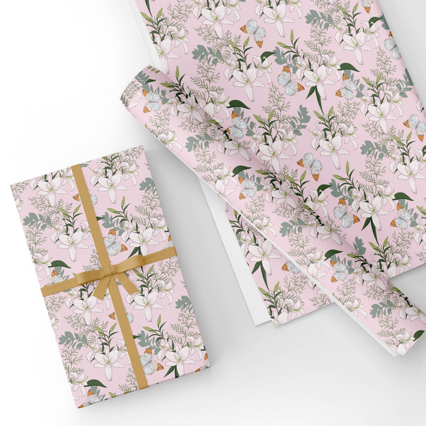 Elegant Floral with Butterfly in Pink Flat Wrapping Paper Sheet Wholesale Wraphaholic