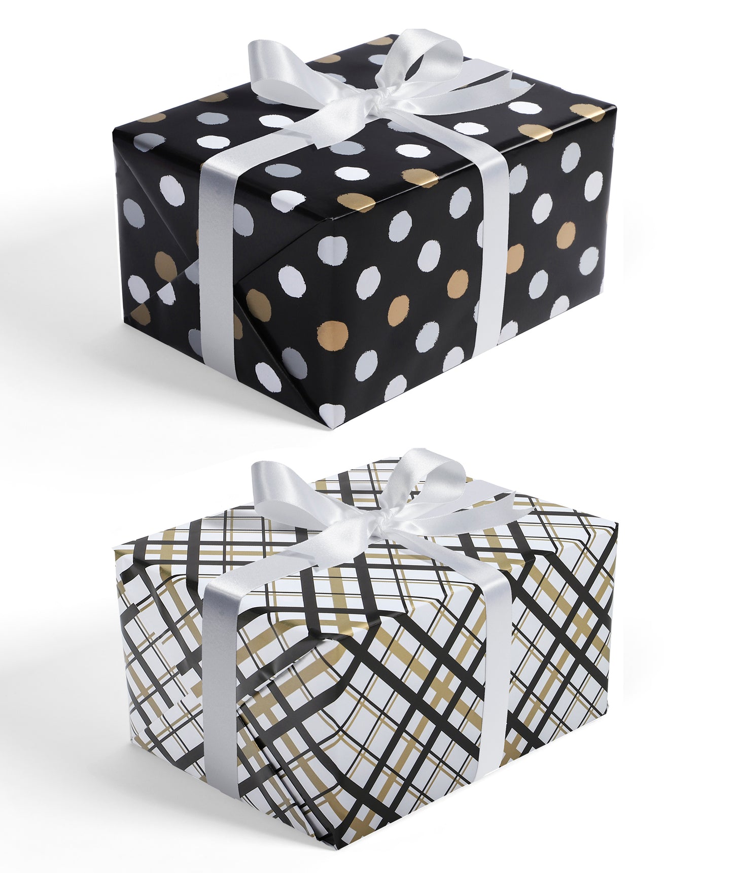 Black & Gold Polka Dot Wrapping Paper with Plaid Jumbo Roll Wholesale Wrapaholic