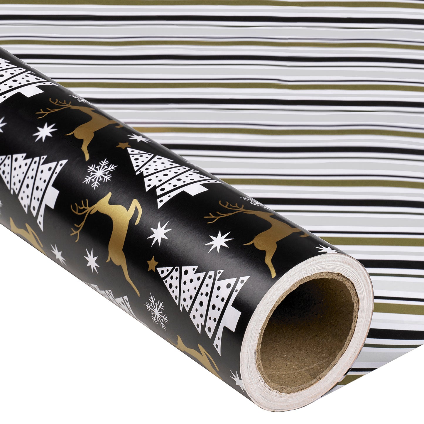 Black Reindeer Wrapping Paper Roll with Brown ＆ Light Blue Diagonal Stripes on Reverse Wholesale Wrapholic