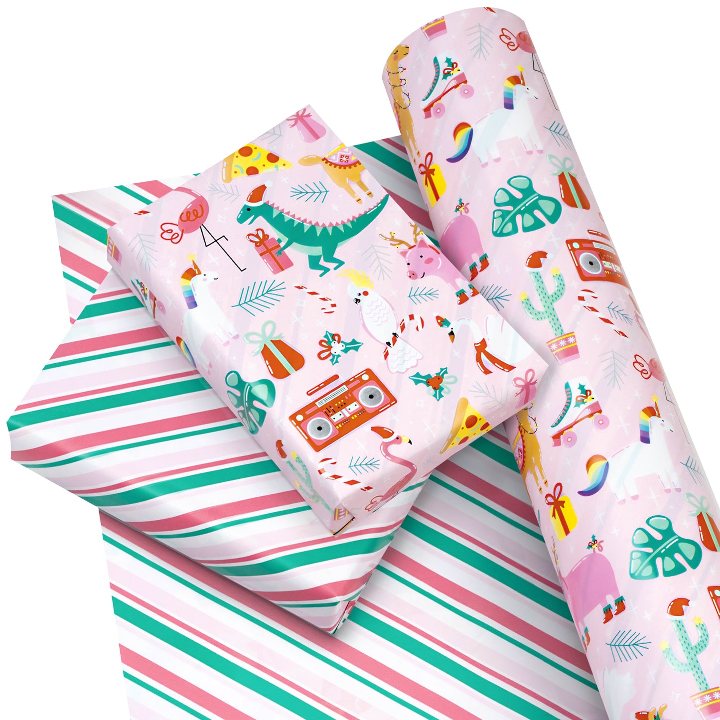 Christmas Funny Animals Wrapping Paper Roll with Red and Green Diagonal Stripes on Reverse Wholesale Wrapholic