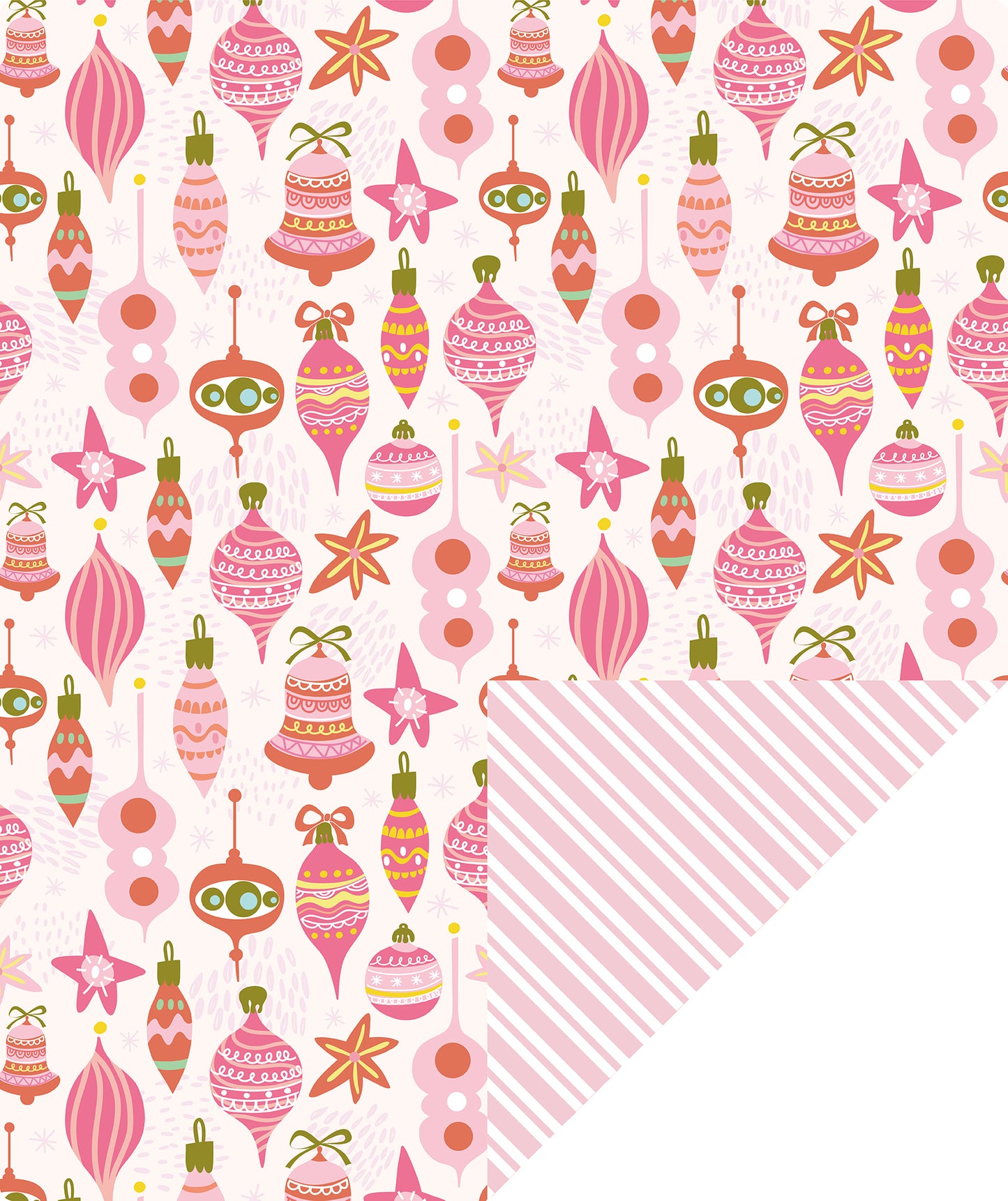 Christmas Ornament Wrapping Paper Roll with Pink Diagonal Stripes on Reverse Wholesale Wrapholic