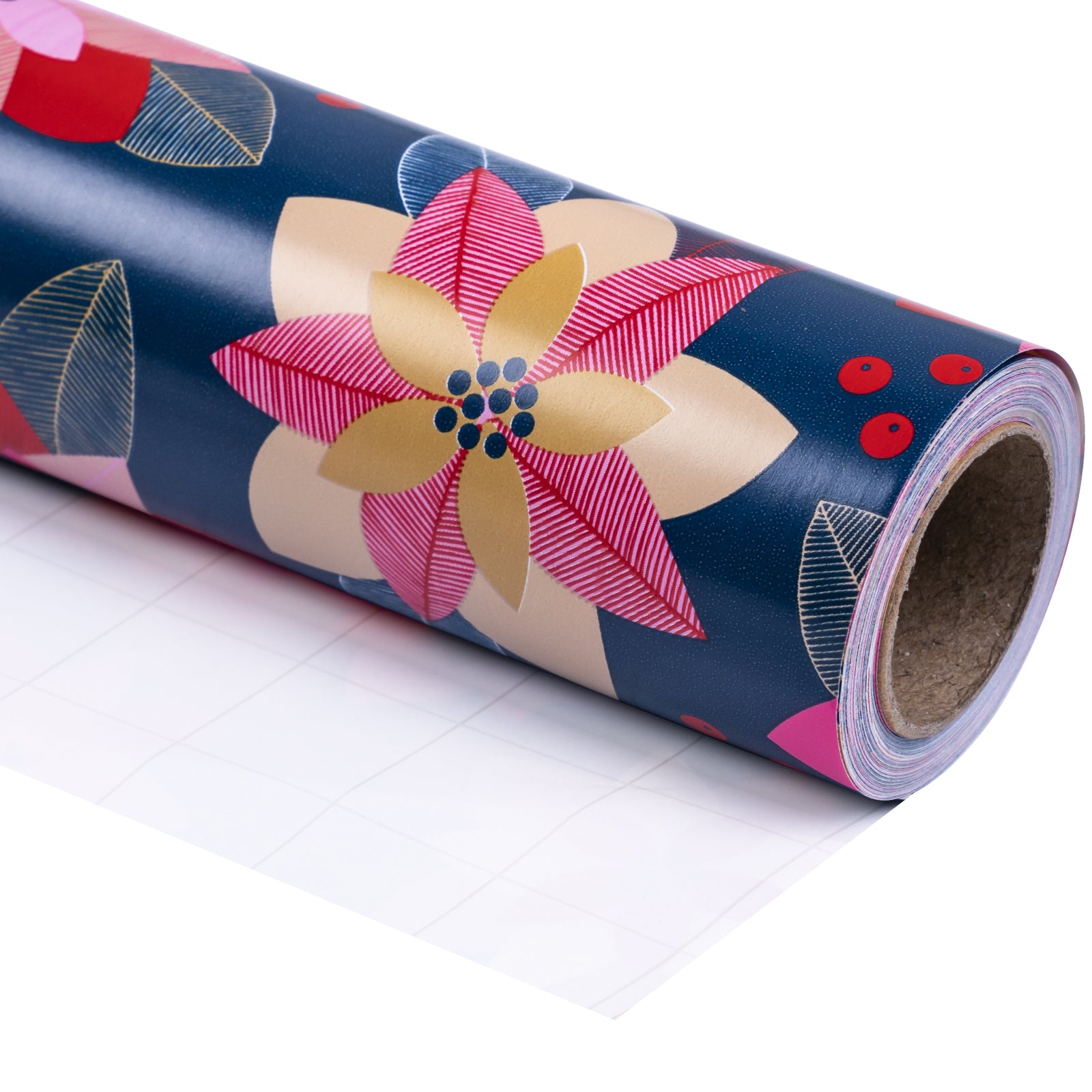 Deep Blue Red Christmas Poinsettia Wrapping Paper Roll Wholesale Wrapholic