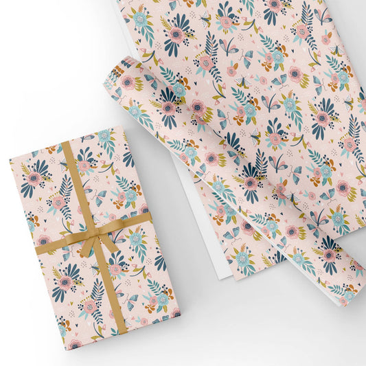 Flowers Leaves in Pink Flat Wrapping Paper Sheet Wholesale Wraphaholic