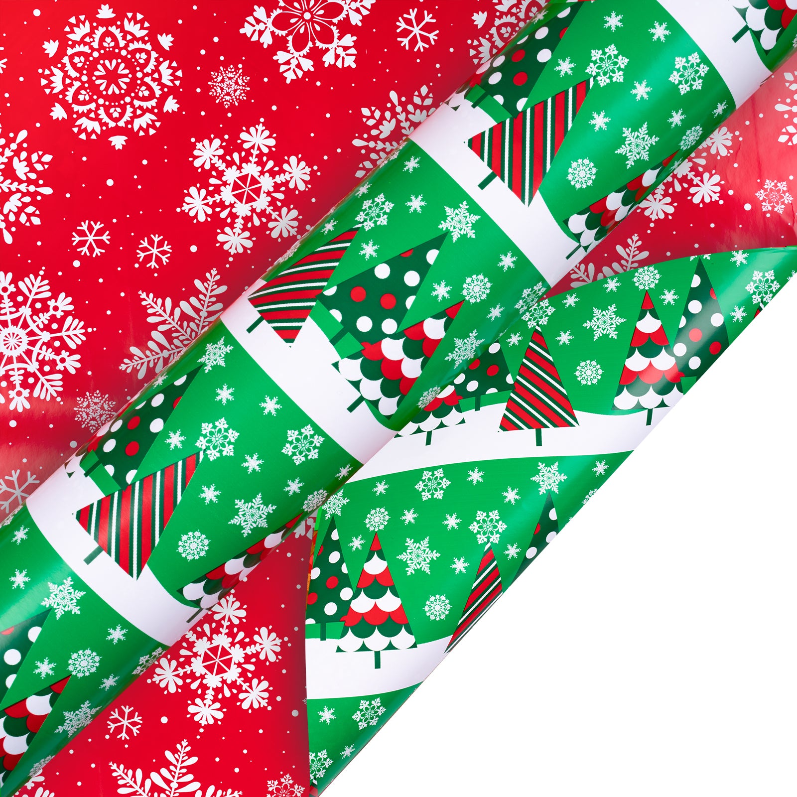 Green Christmas Tree Wrapping Paper Roll with White Snowflakes on Red on Reverse