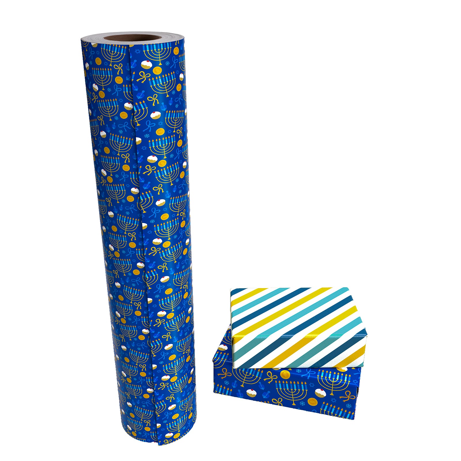 Hanukkah Candles Wrapping Paper Roll with Light Blue & Deep Blue and Yellow Stripe on Reverse Wholesale Wrapholic