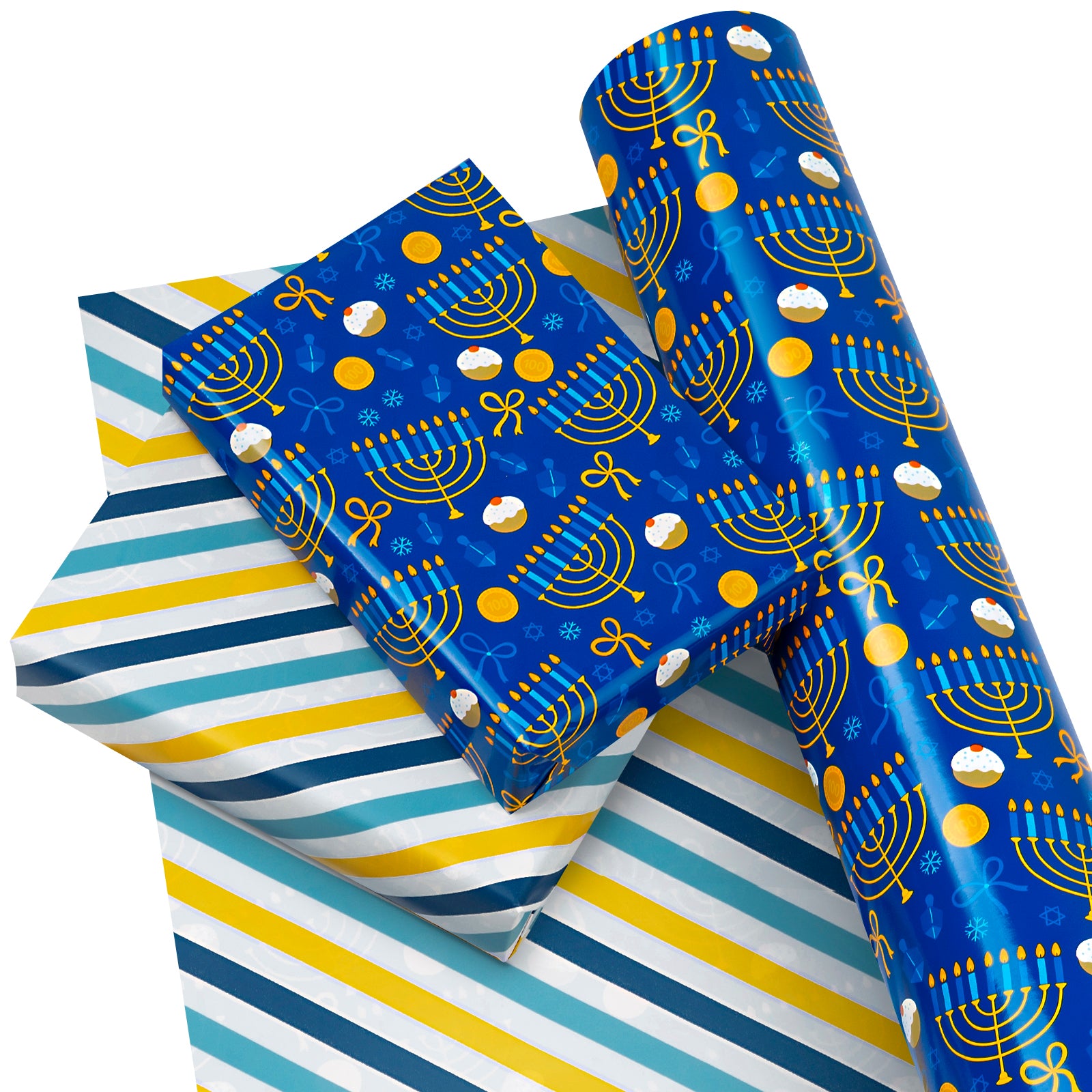 Hanukkah Candles Wrapping Paper Roll with Light Blue & Deep Blue and Yellow Stripe on Reverse Wholesale Wrapholic