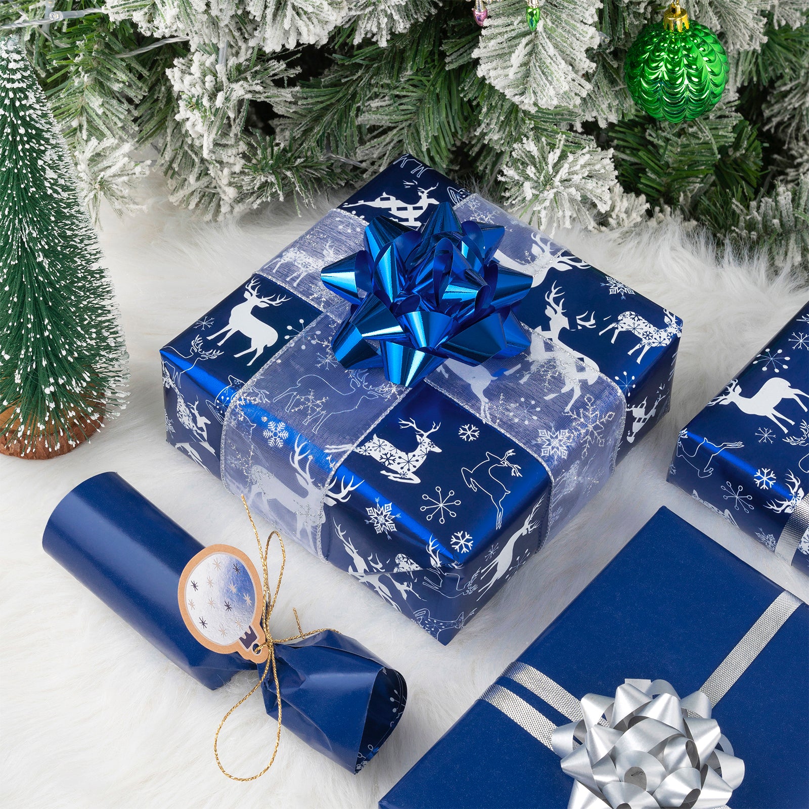 Navy Deer Wrapping Paper Roll with Solid Navy Blue on Reverse. Wholesale Wrapholic