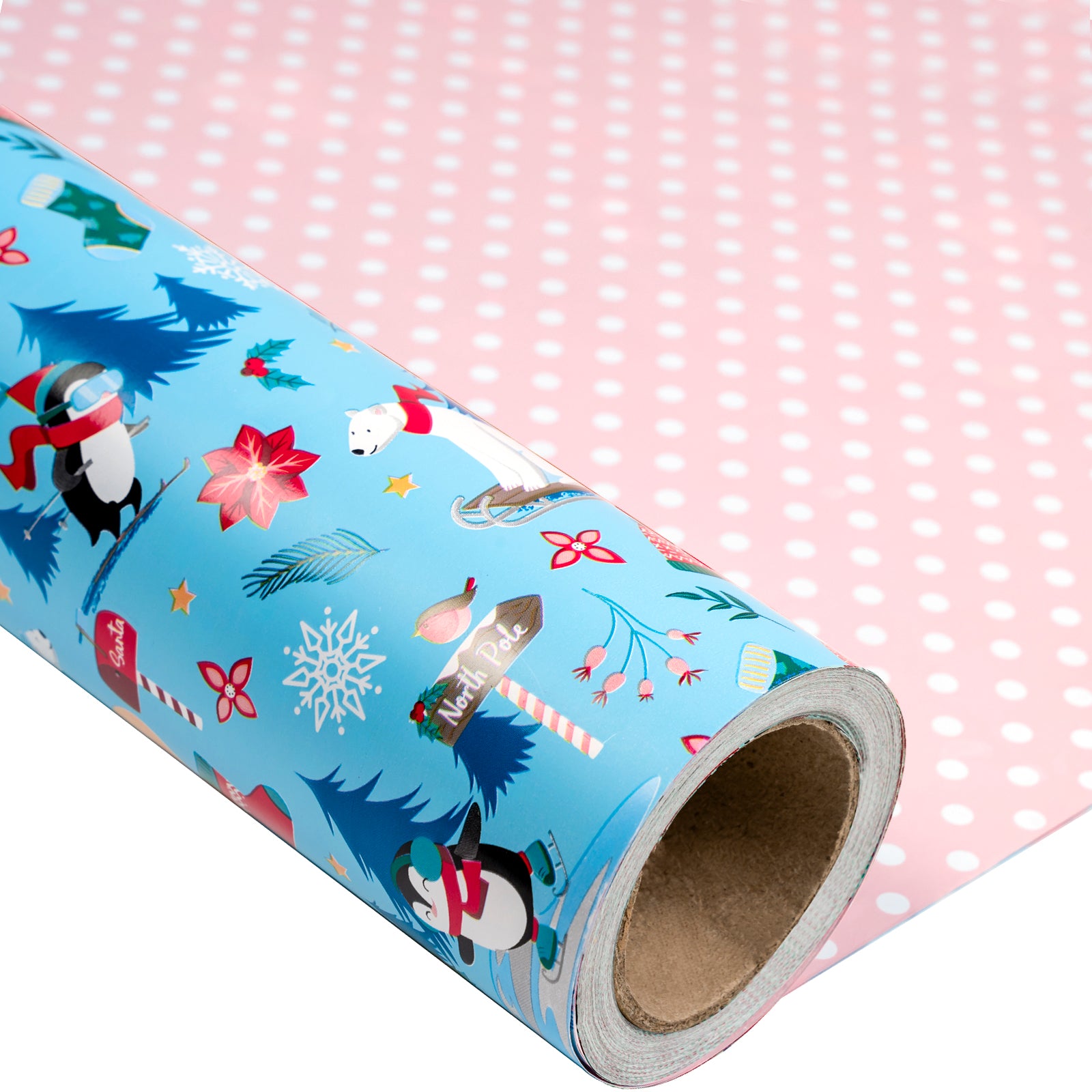 Northern Christmas Wrapping Paper Roll with White Polka Dots Printed on Pink Background on Reverse Wholesale Wrapholic