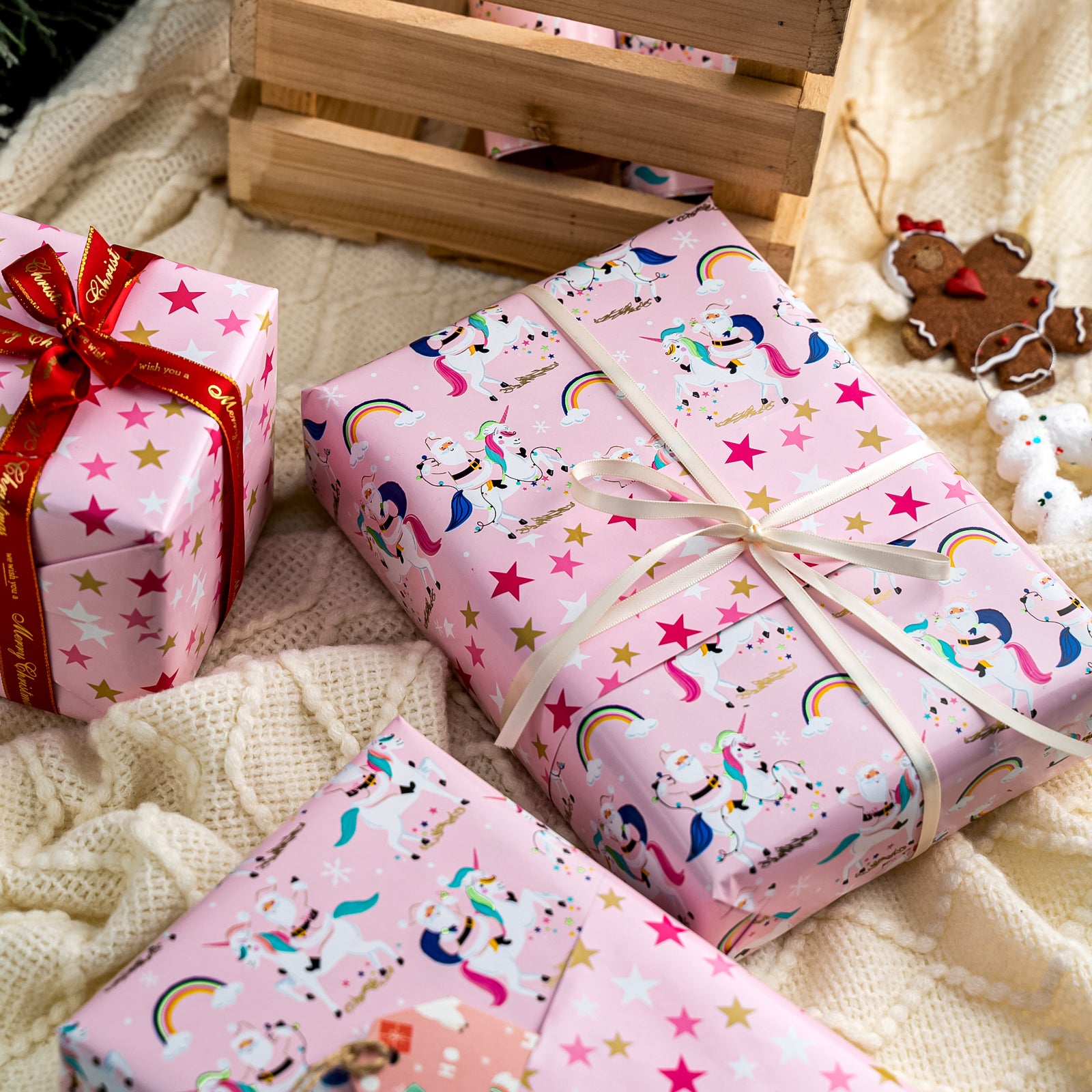Pink Santa Wrapping Paper Roll with Gold ＆ Pink Starry on Reverse Wholesale Wrapholic