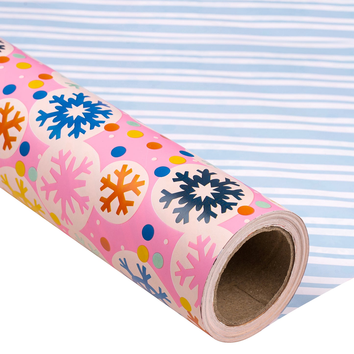 Pink Snowflake Wrapping Paper Roll with Blue and White Diagonal Stripes on The Back Wholesale Wrapholic