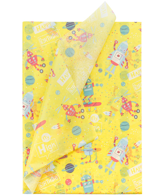 Rocket Bot Bright Yellow Birthday Tissue Paper 20" x 30" Bulk Wholesale Wrapaholic