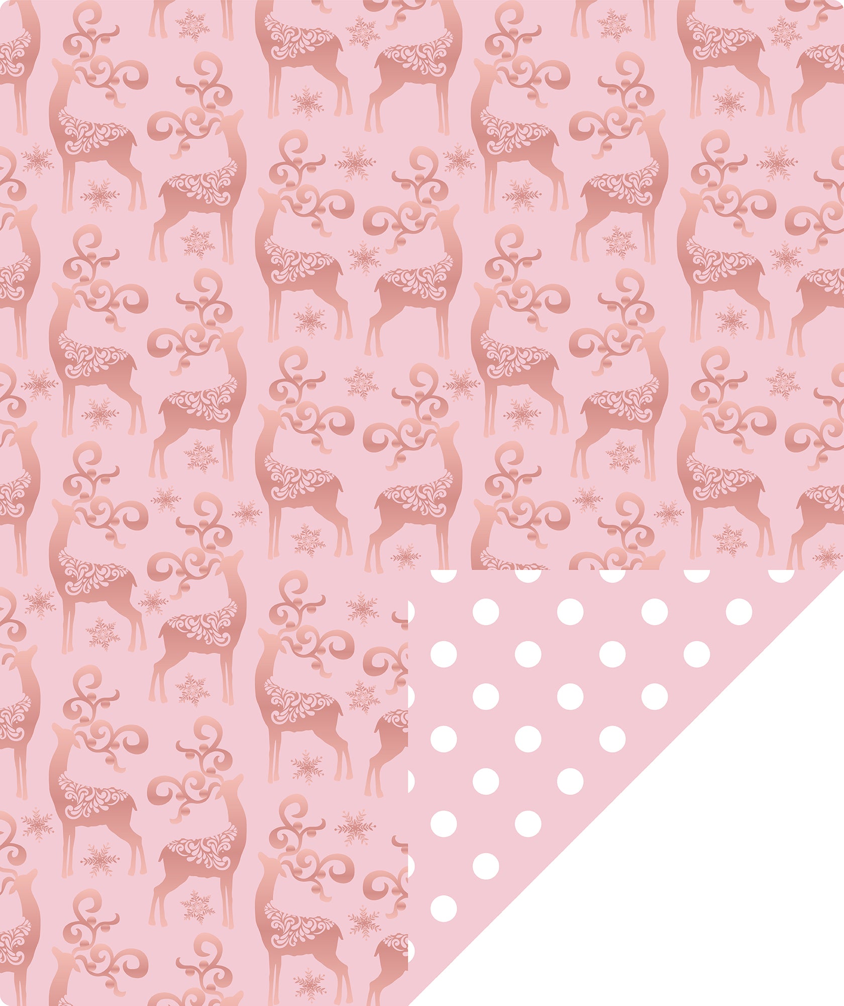 Rose Gold Deer Wrapping Paper Roll with White Polka Dots on Reverse Wholesale Wrapholic