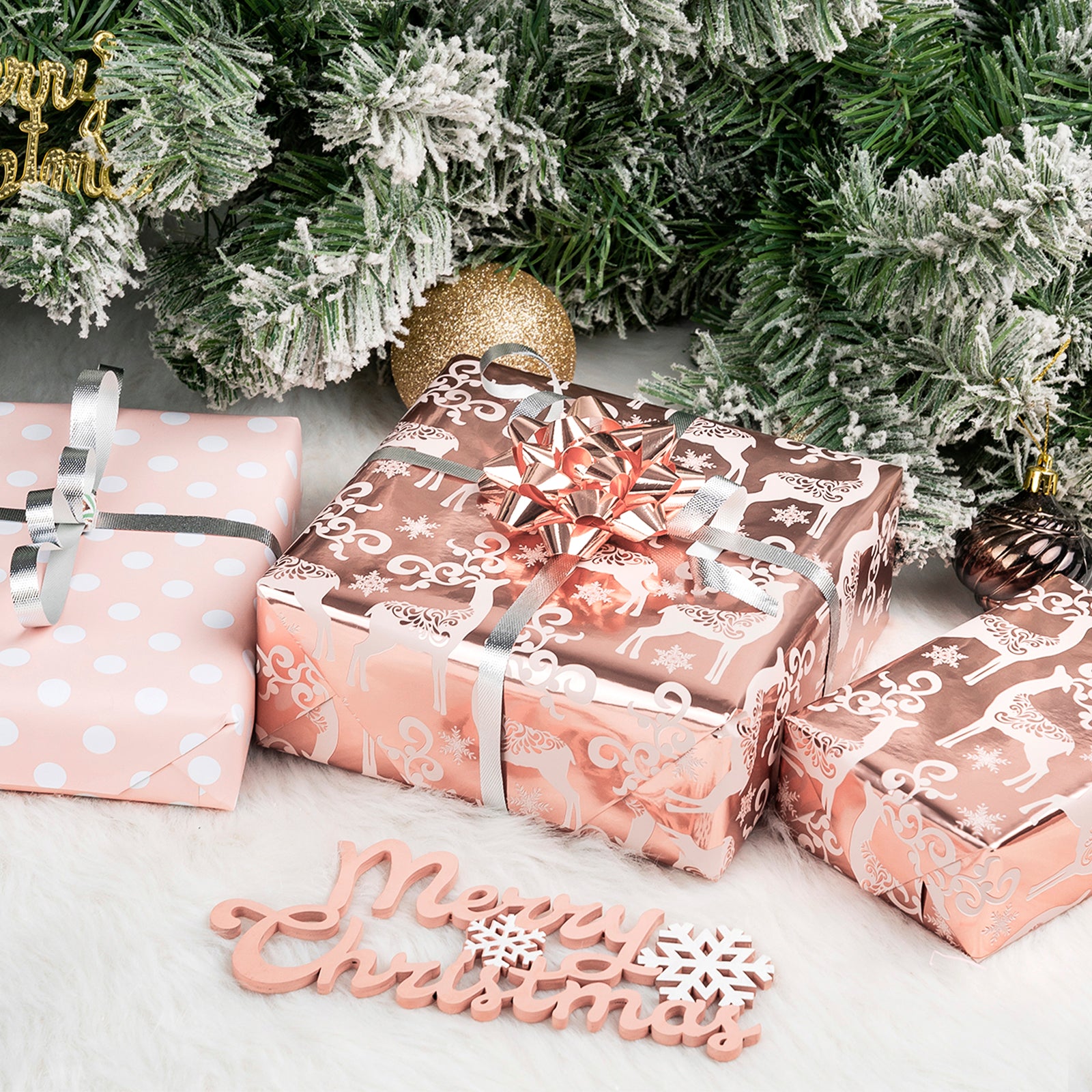 Rose Gold Deer Wrapping Paper Roll with White Polka Dots on Reverse Wholesale Wrapholic