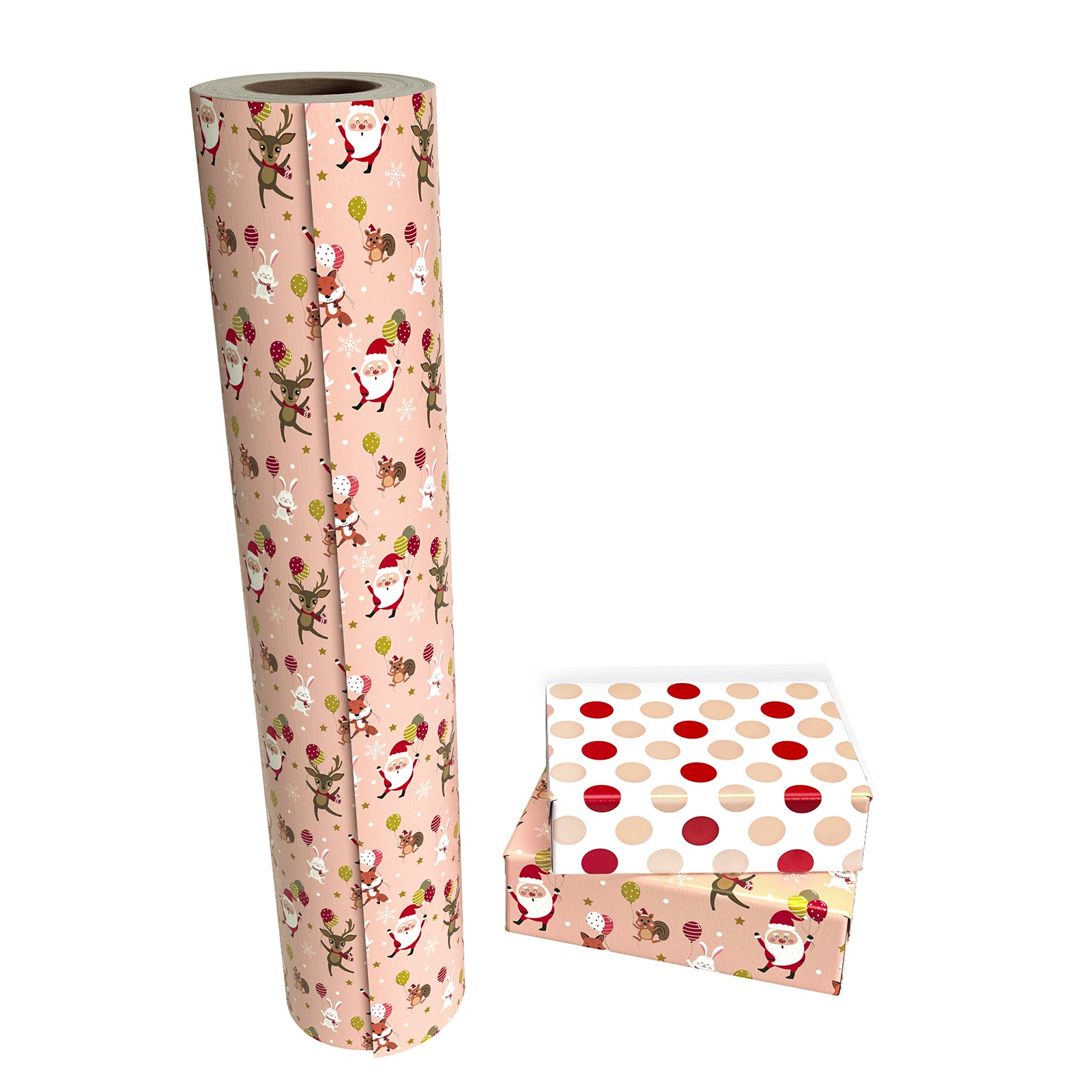 Santa & Animals Wrapping Paper Roll with Champagne Pink & Red Polka Dots on Reverse Wholesale Wrapholic