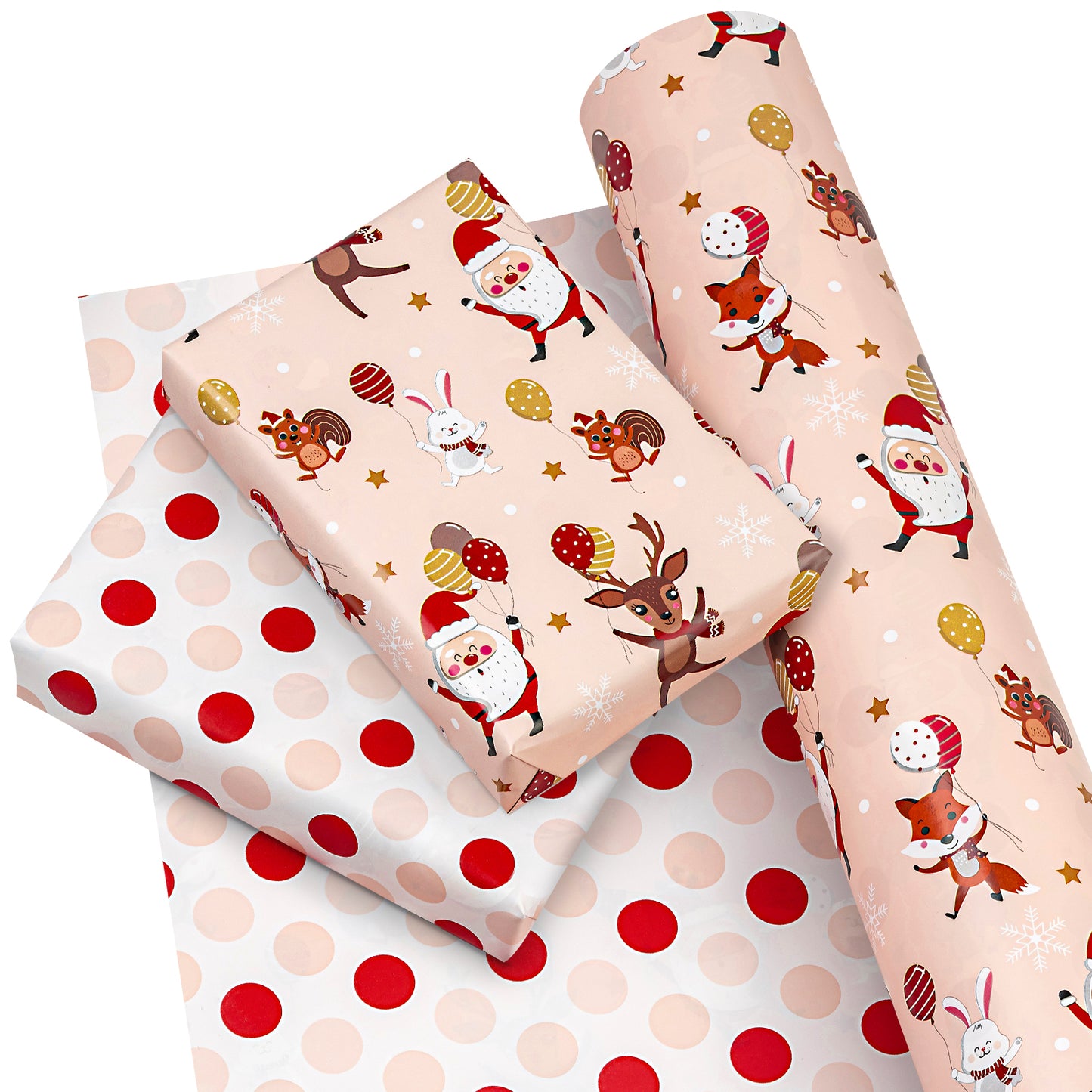 Santa & Animals Wrapping Paper Roll with Champagne Pink & Red Polka Dots on Reverse Wholesale Wrapholic