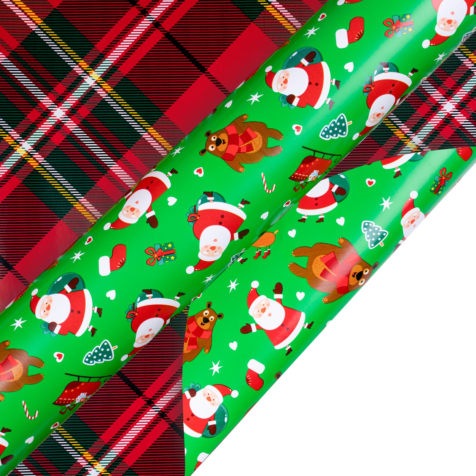 Santa & Bear Wrapping Paper Roll with Red and Black Buffalo Grid on Reverse Wholesale Wrapholic