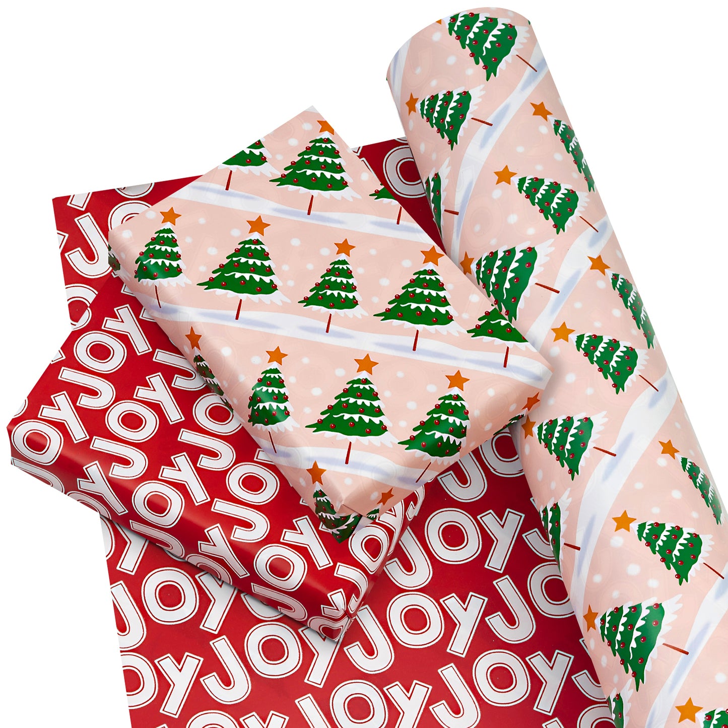Snow Covered Tree Christmas Wrapping Paper Roll with White Joy Text on Reverse