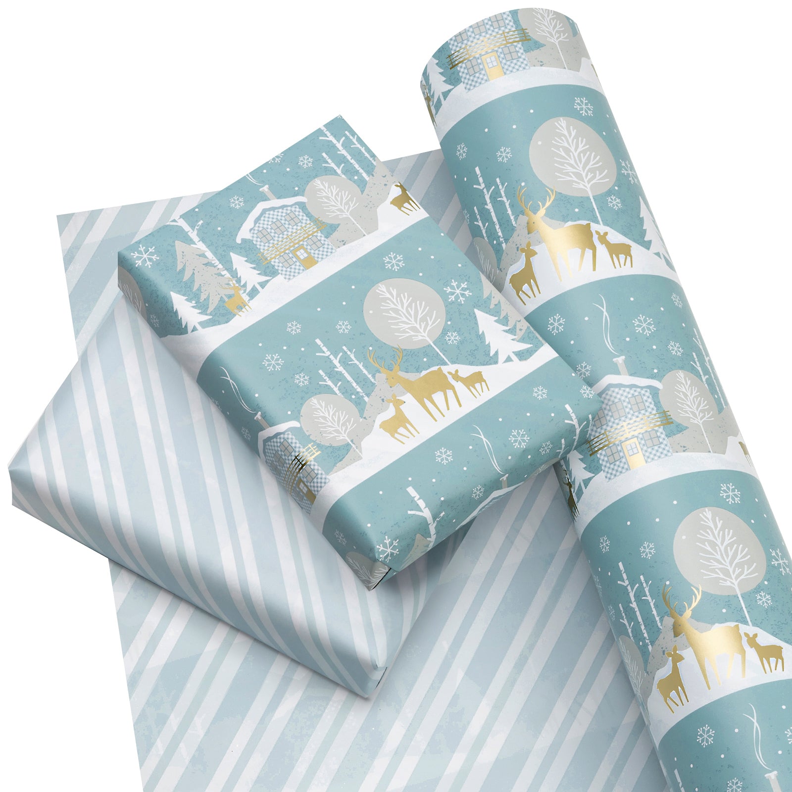Snow Landscape Wrapping Paper Roll with Blue and White Diagonal Stripes on Reverse Wholesale Wrapholic