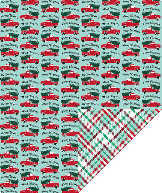 Tree Farm Car Wrapping Paper Roll with Red and Green Buffalo Grid on Reverse Wholesale Wrapholic