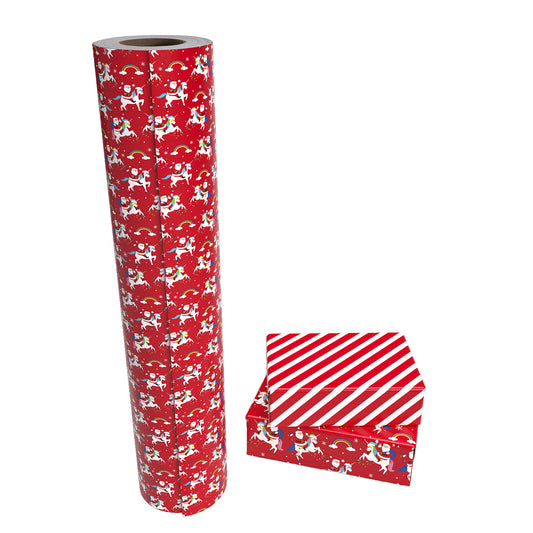 Unicorn Santa Wrapping Paper Roll with Red and White Stripes on Reverse Wholesale Wrapholic