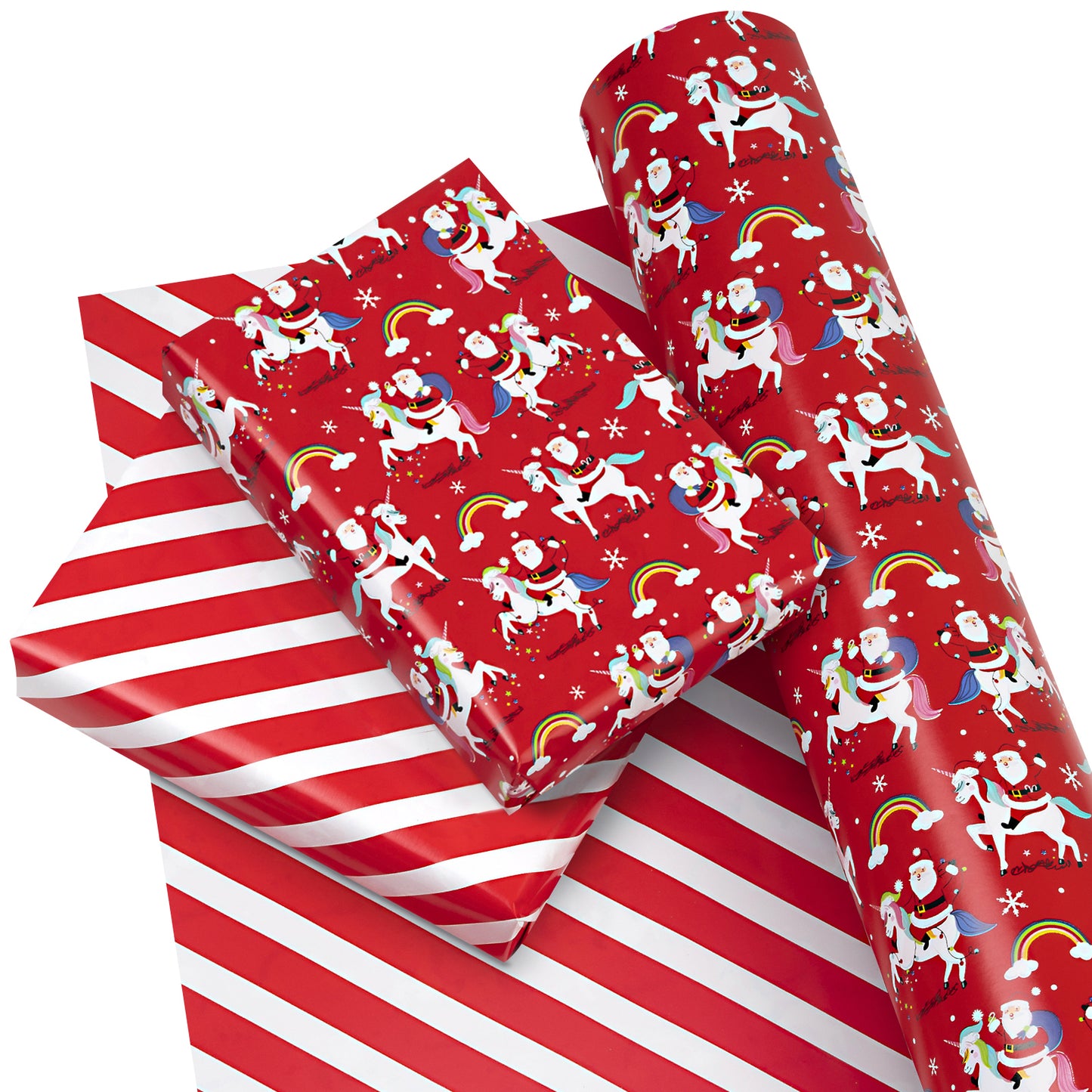 Unicorn Santa Wrapping Paper Roll with Red and White Stripes on Reverse Wholesale Wrapholic