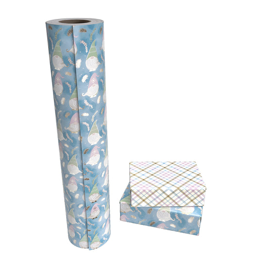 Winter Gnome Foil Wrapping Paper Roll with Diamond Grid of Pink & Gold on Reverse Wholesale Wrapholic