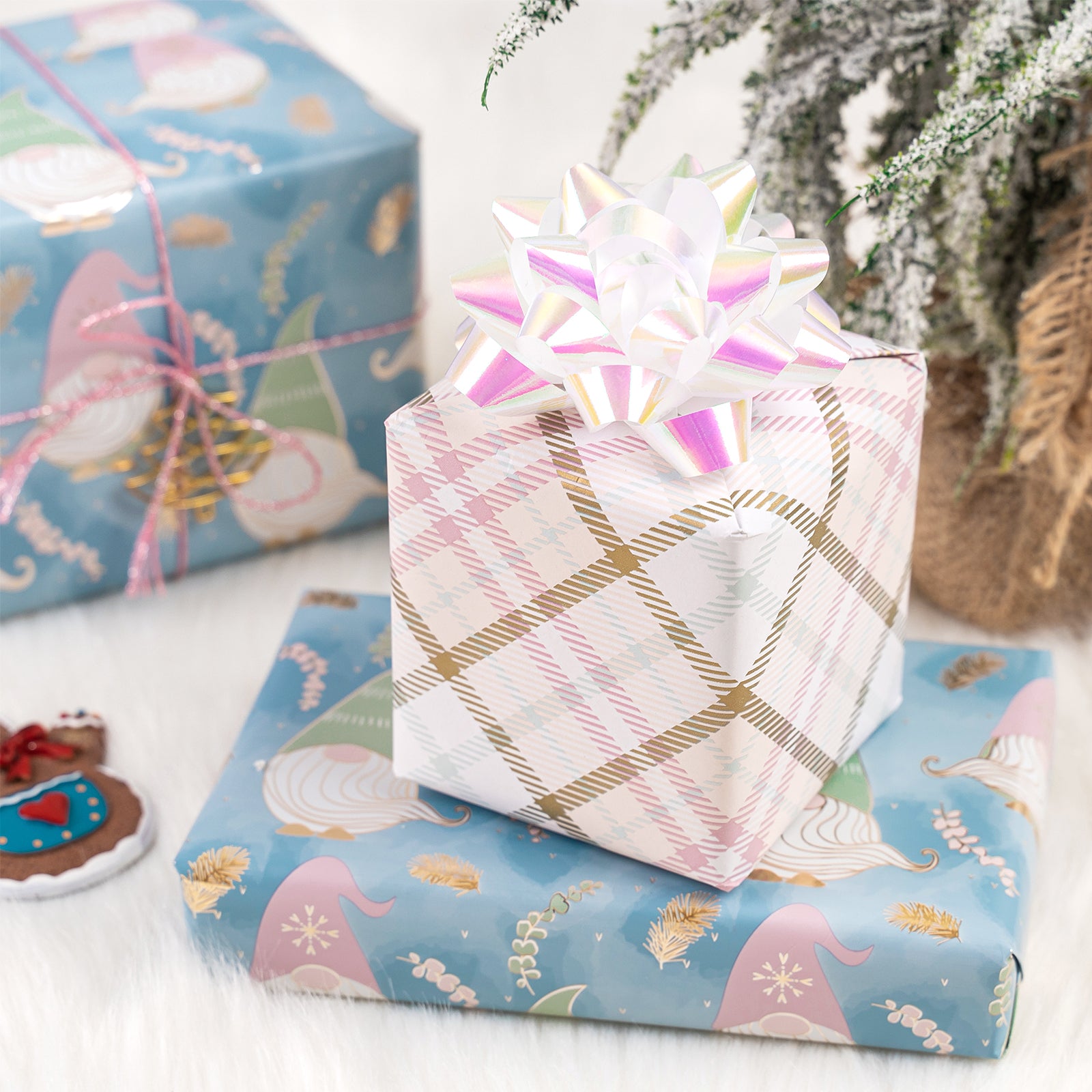 Winter Gnome Foil Wrapping Paper Roll with Diamond Grid of Pink & Gold on Reverse Wholesale Wrapholic