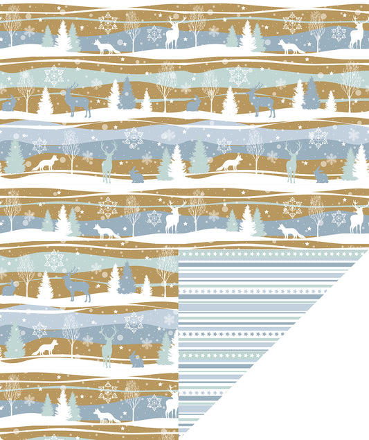 Winter Landscape Gold Wrapping Paper Roll with White Polka Dot and Stripe on Reverse Wholesale Wrapholic