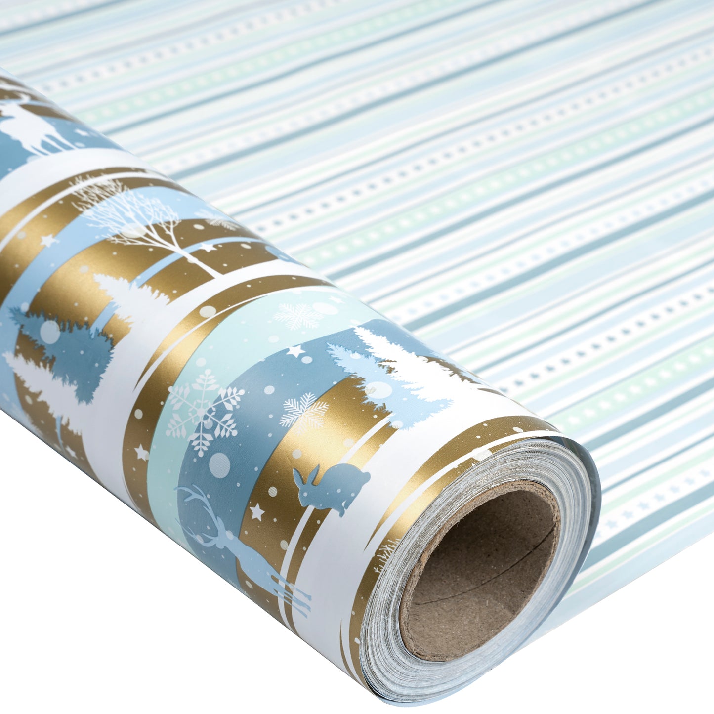 Winter Landscape Gold Wrapping Paper Roll with White Polka Dot and Stripe on Reverse Wholesale Wrapholic