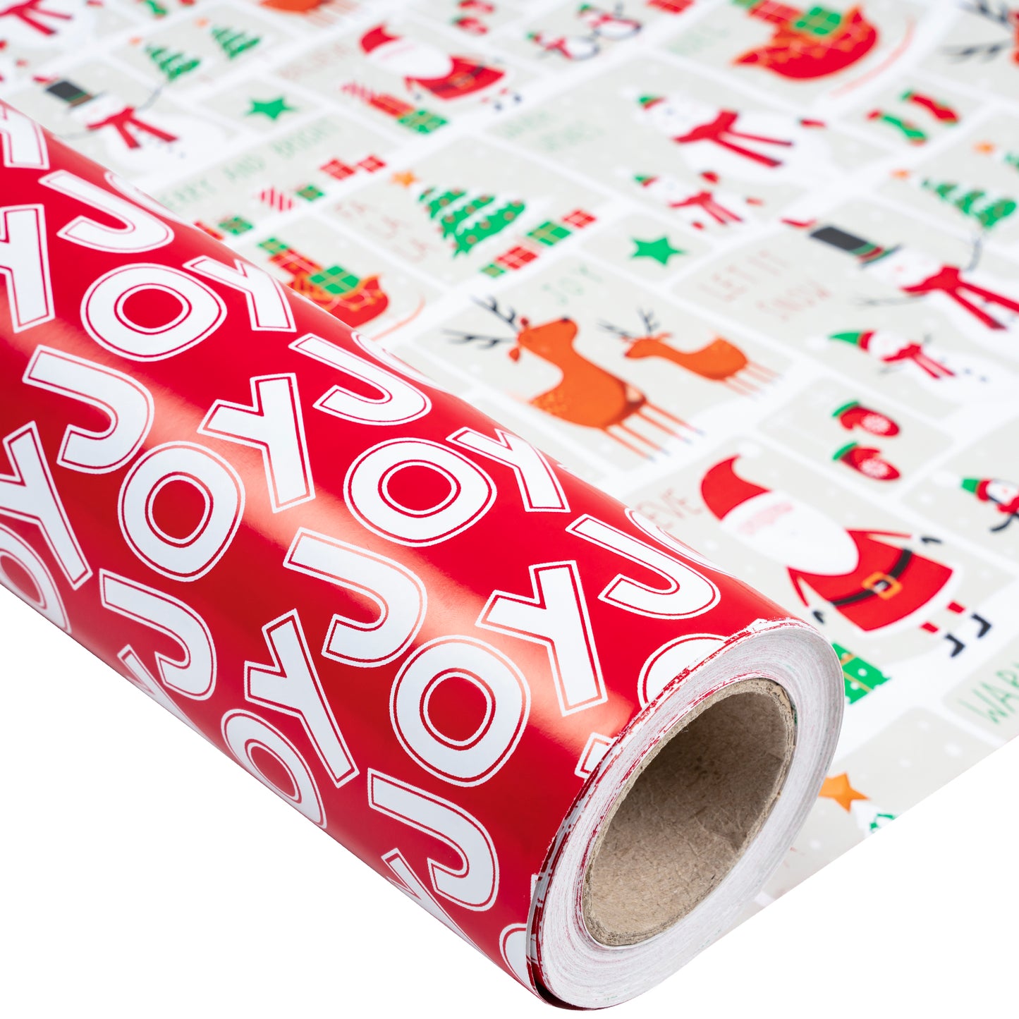 Winter Snowman Wrapping Paper Roll with White Joy Text on Red Background on Reverse Wholesale Wrapholic